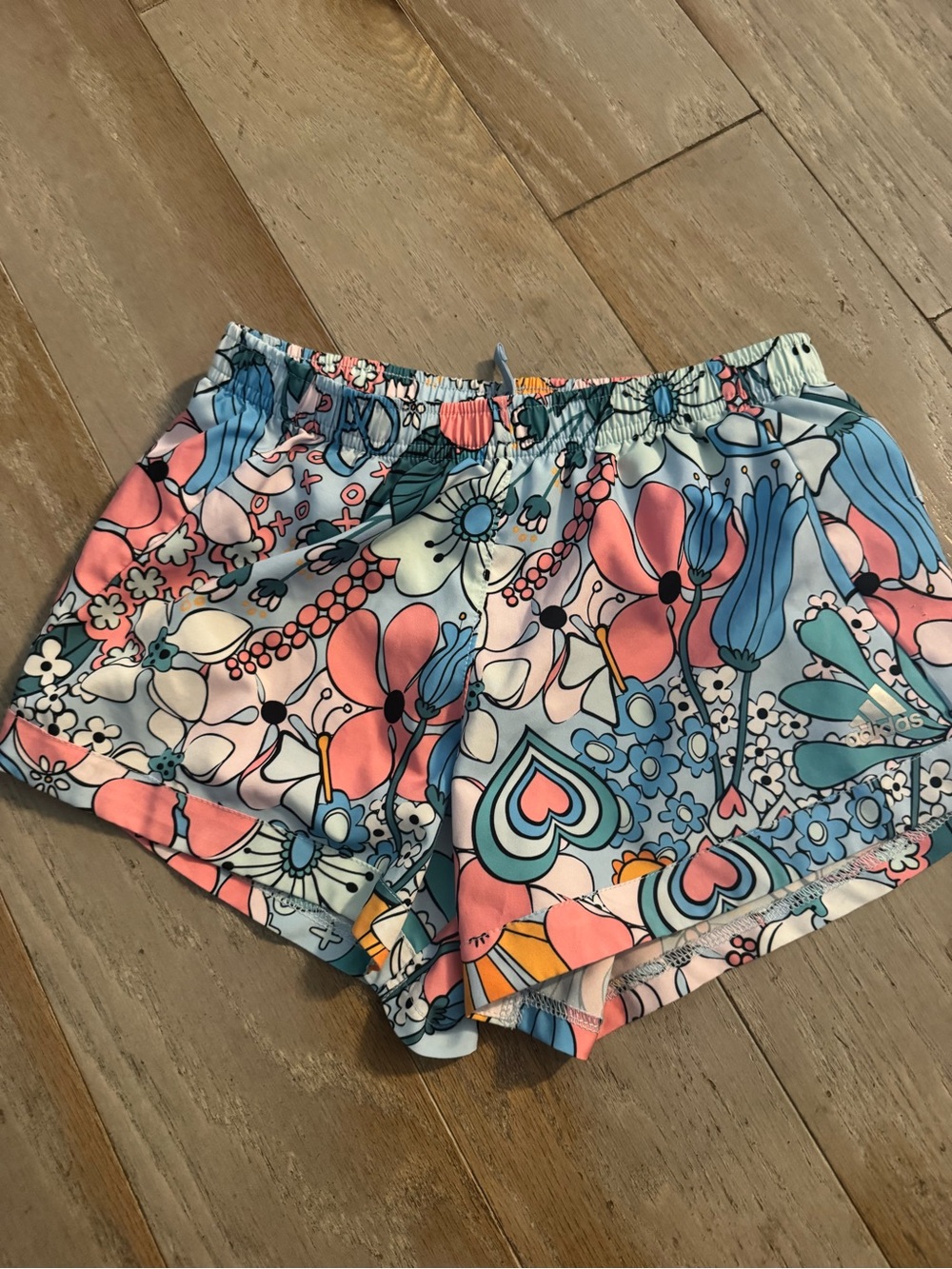 adidas Kids Floral Heart Print Shorts - Light Blue, Pink & White
